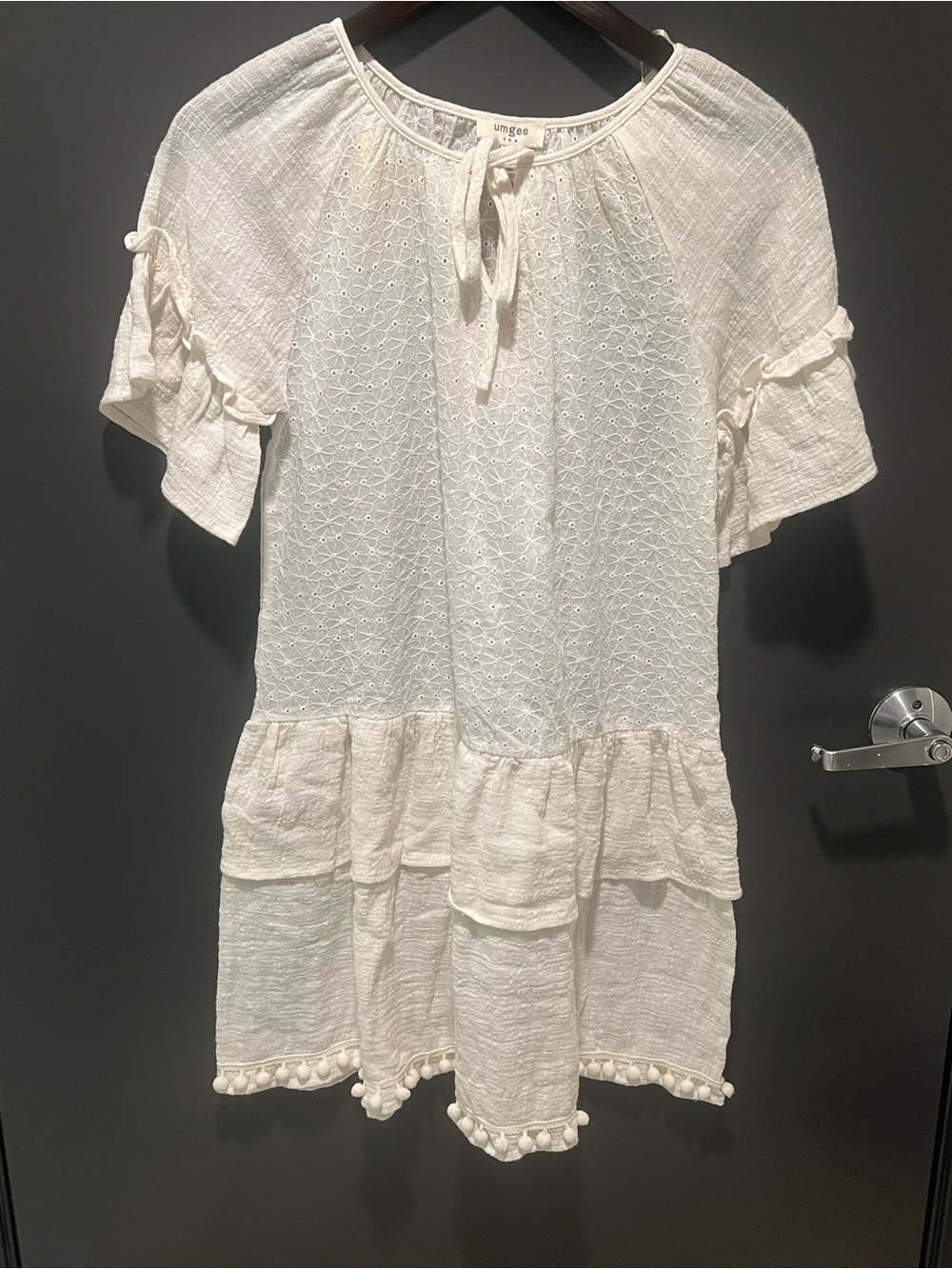 NWT Umgee Cream Tiered Eyelet Midi Dress with Pom Trim Size Small Delicate